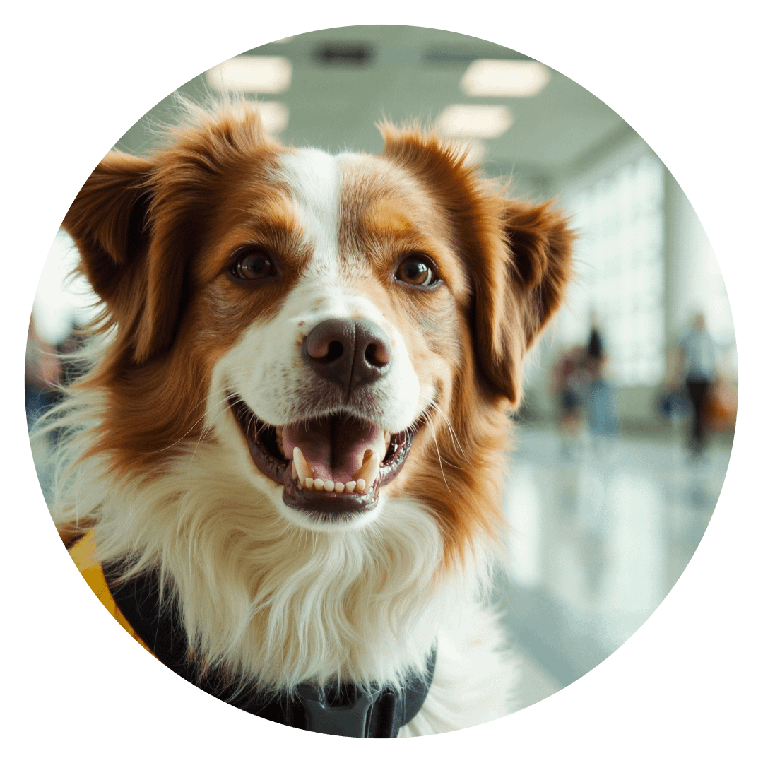 A small breed psychological service dog pants happily.